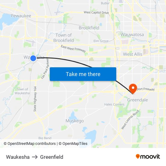 Waukesha to Greenfield map