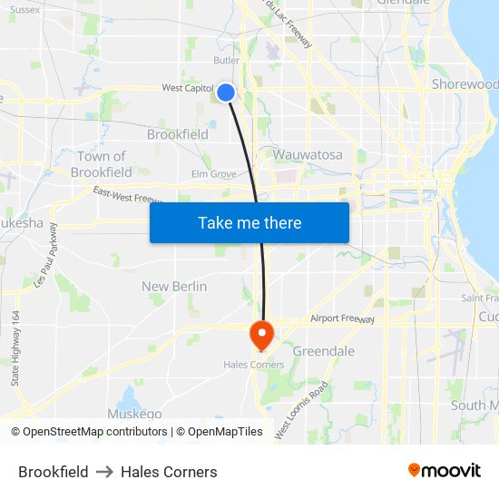 Brookfield to Hales Corners map