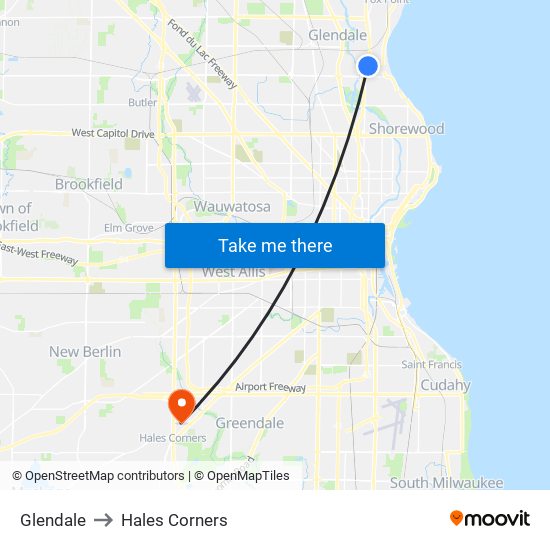 Glendale to Hales Corners map