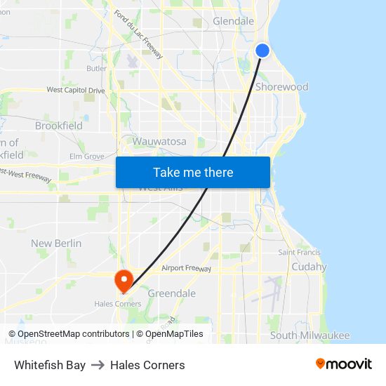 Whitefish Bay to Hales Corners map