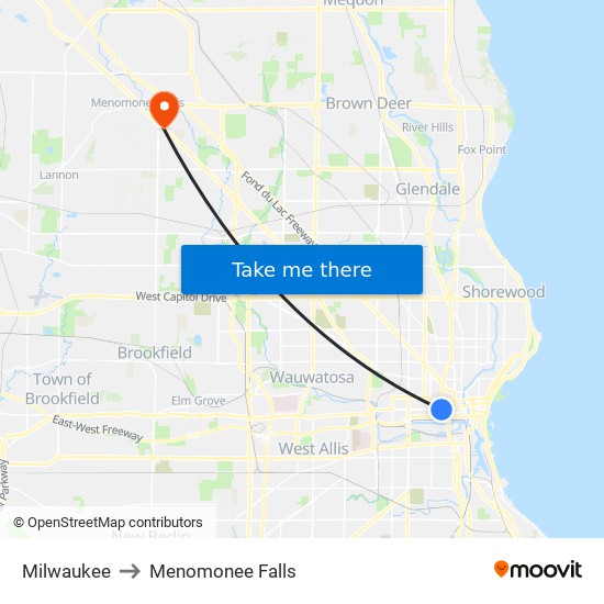 Milwaukee to Menomonee Falls map