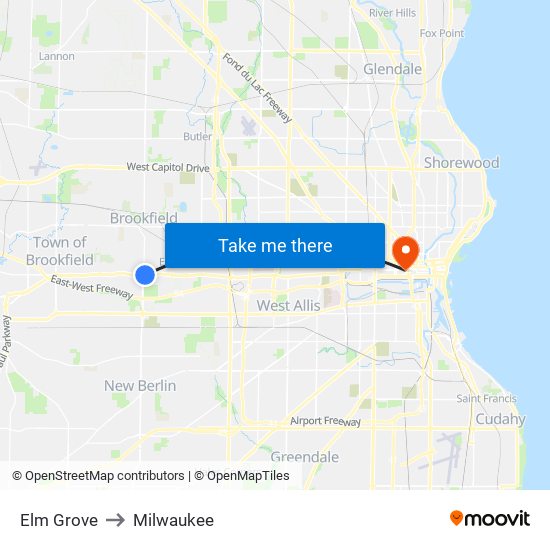 Elm Grove to Milwaukee map
