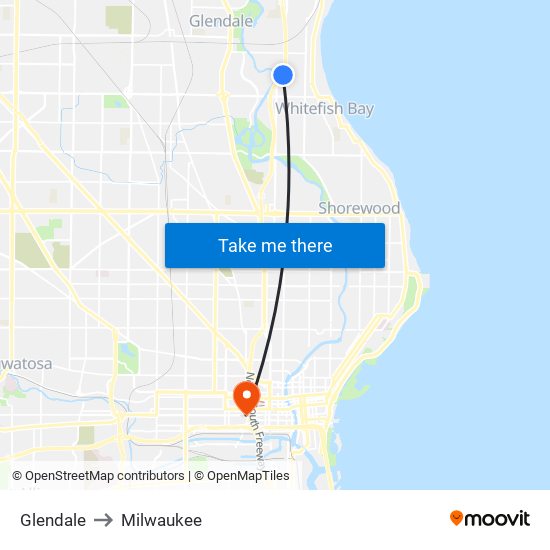 Glendale to Milwaukee map