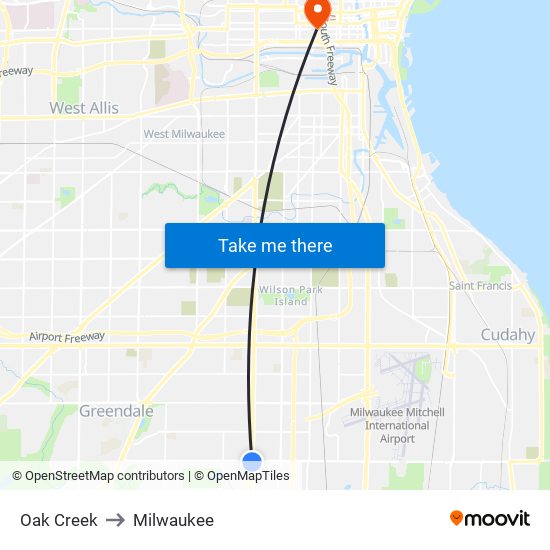 Oak Creek to Milwaukee map