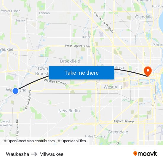 Waukesha to Milwaukee map