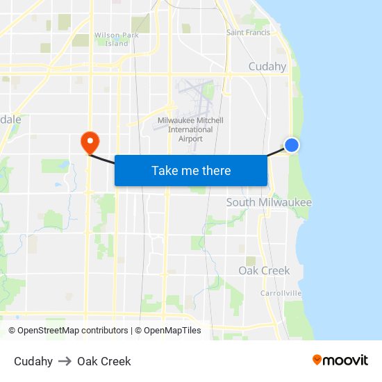 Cudahy to Oak Creek map