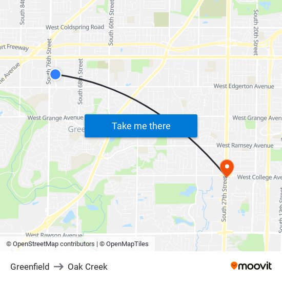 Greenfield to Oak Creek map