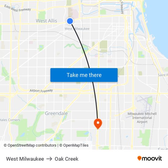 West Milwaukee to Oak Creek map