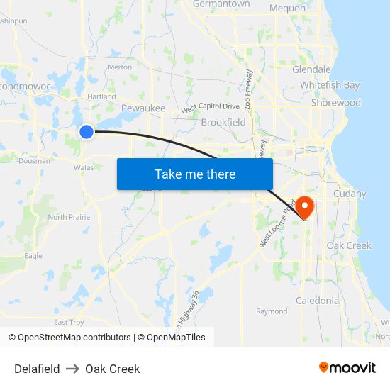 Delafield to Oak Creek map
