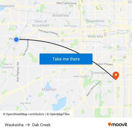 Waukesha to Oak Creek map