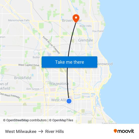 West Milwaukee to River Hills map