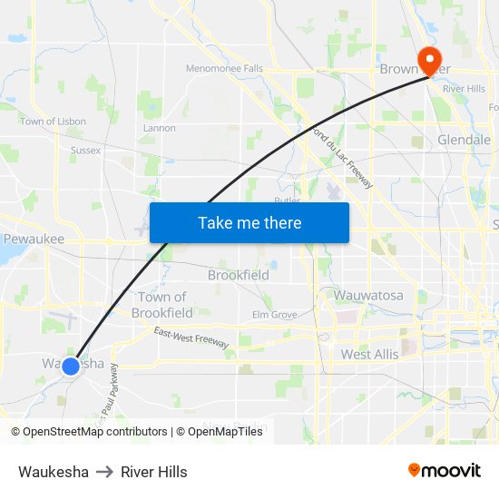 Waukesha to River Hills map