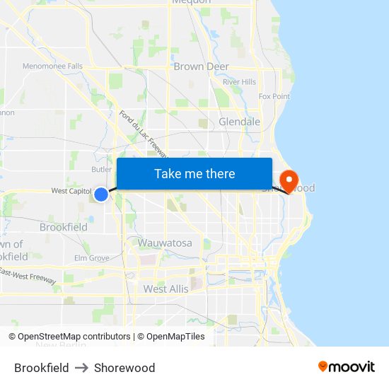 Brookfield to Shorewood map