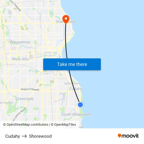 Cudahy to Shorewood map