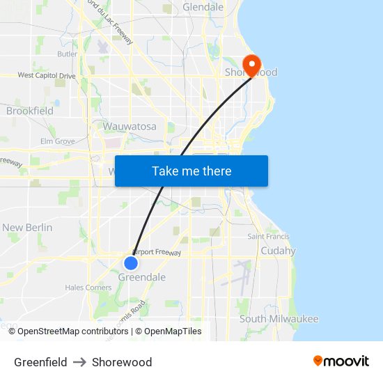 Greenfield to Shorewood map