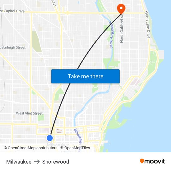 Milwaukee to Shorewood map