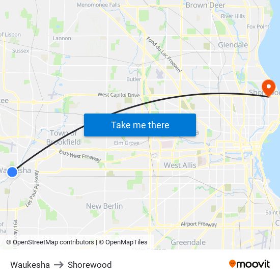 Waukesha to Shorewood map