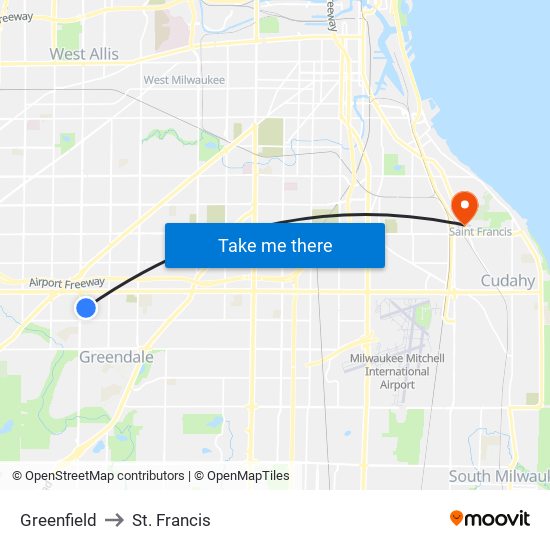 Greenfield to St. Francis map