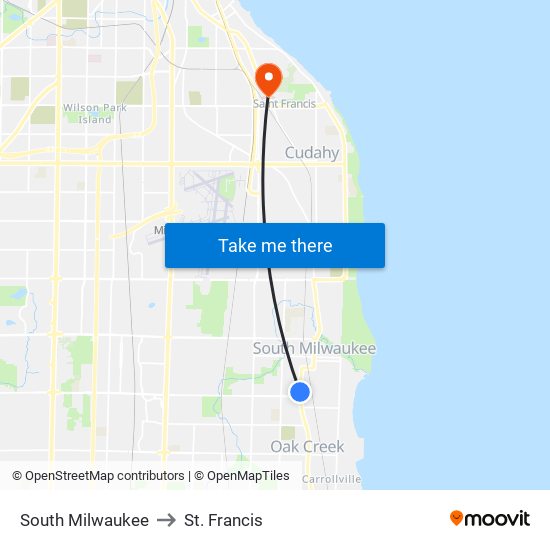 South Milwaukee to St. Francis map