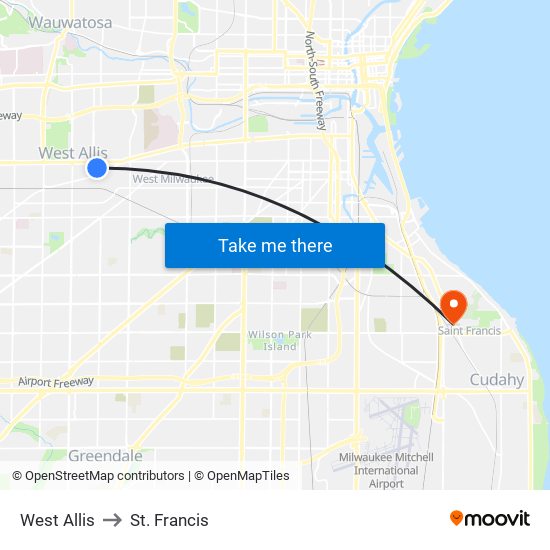 West Allis to St. Francis map