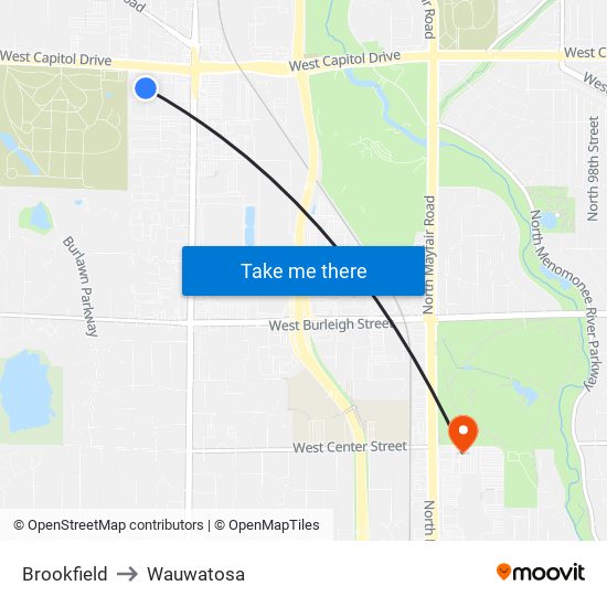 Brookfield to Wauwatosa map