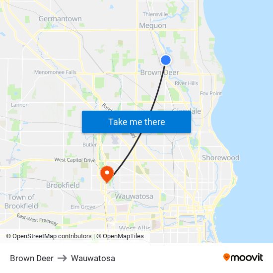 Brown Deer to Wauwatosa map