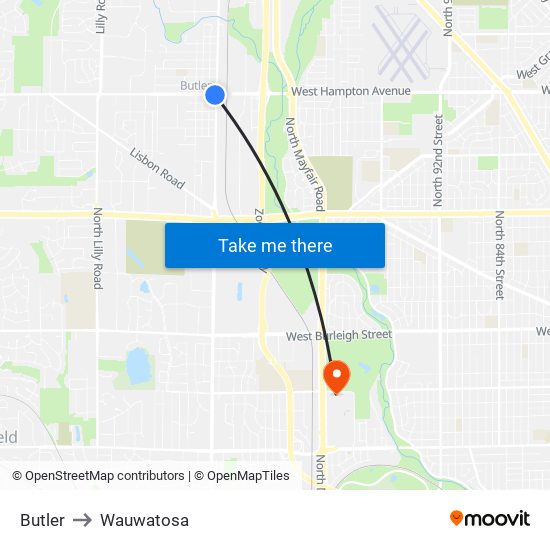 Butler to Wauwatosa map