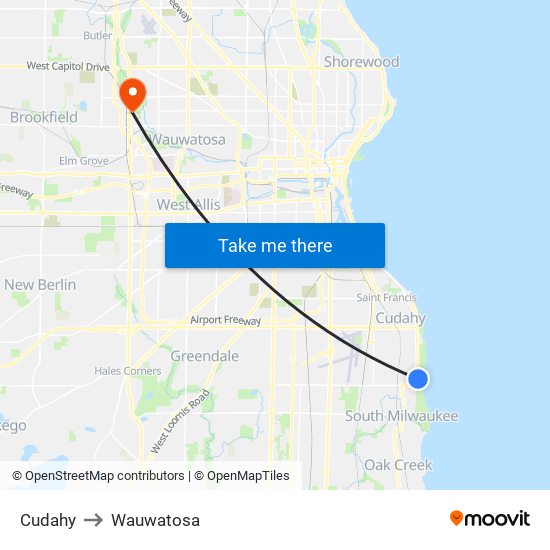 Cudahy to Wauwatosa map