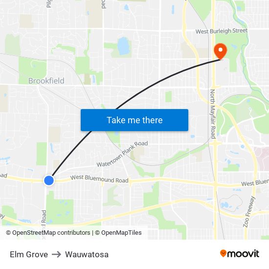 Elm Grove to Wauwatosa map