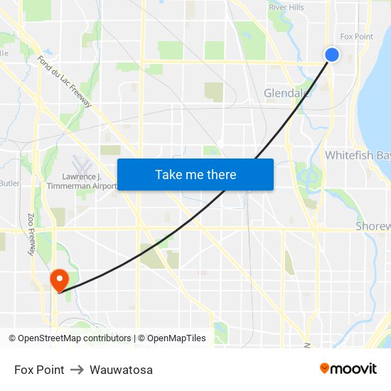 Fox Point to Wauwatosa map