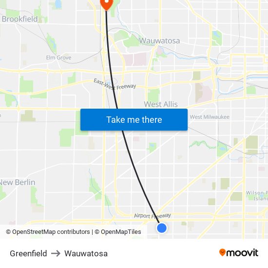 Greenfield to Wauwatosa map