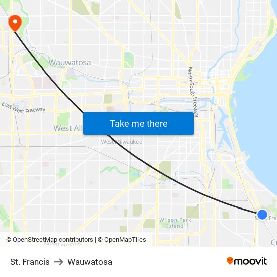 St. Francis to Wauwatosa map