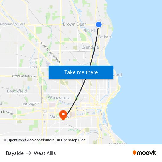 Bayside to West Allis map
