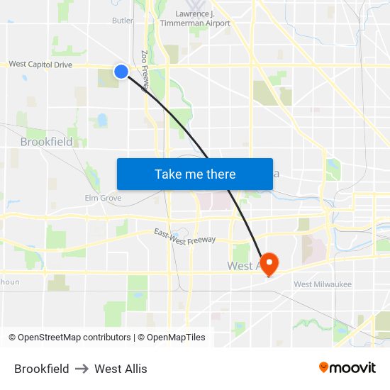 Brookfield to West Allis map