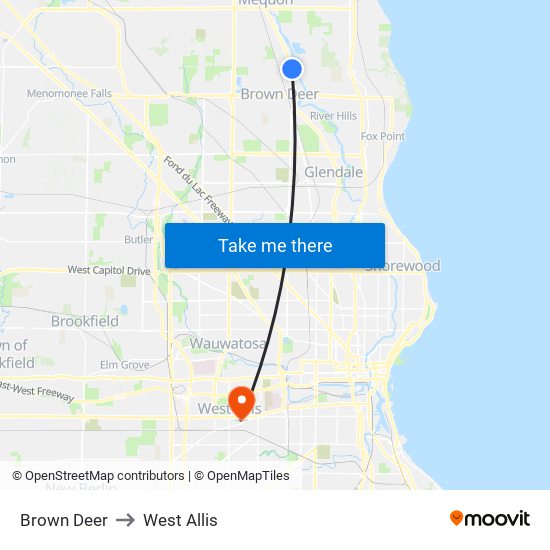 Brown Deer to West Allis map