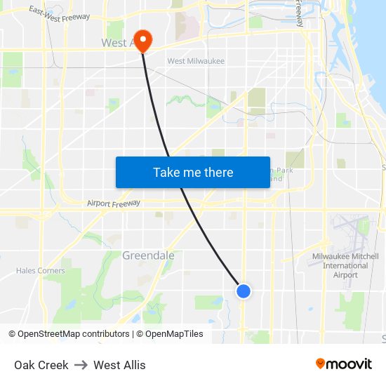 Oak Creek to West Allis map