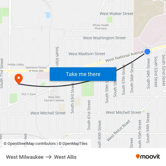 West Milwaukee to West Allis map