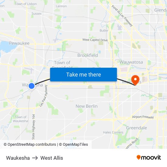 Waukesha to West Allis map