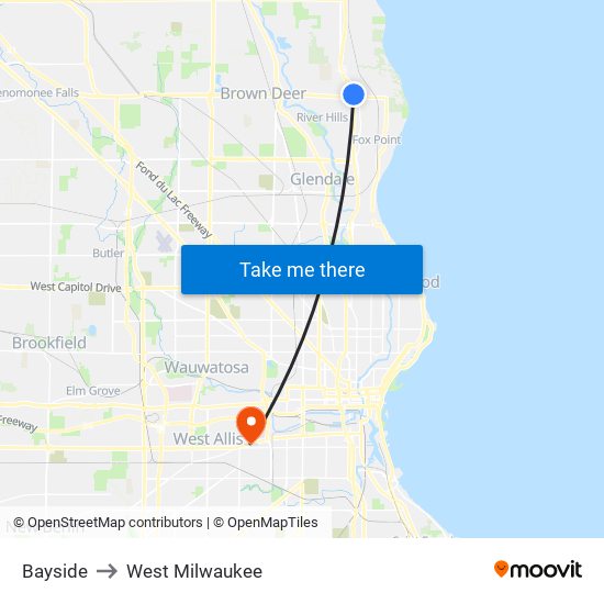 Bayside to West Milwaukee map