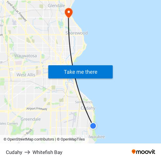 Cudahy to Whitefish Bay map