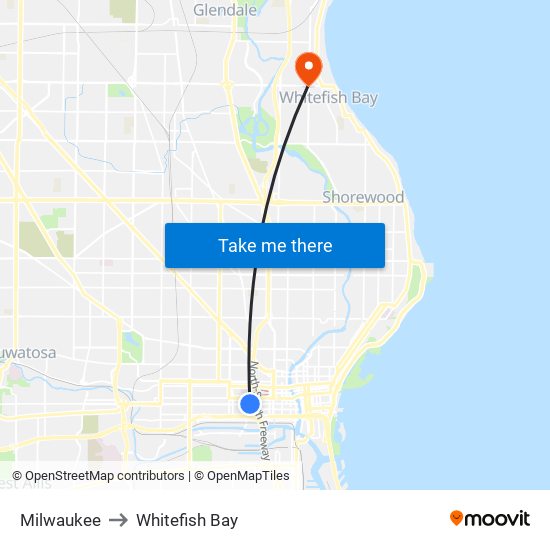 Milwaukee to Whitefish Bay map