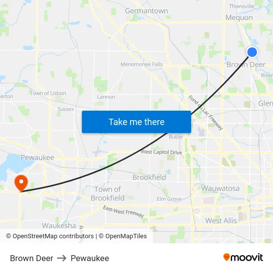 Brown Deer to Pewaukee map