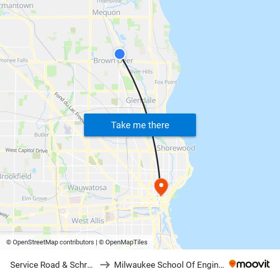 Service Road & Schroeder to Milwaukee School Of Engineering map