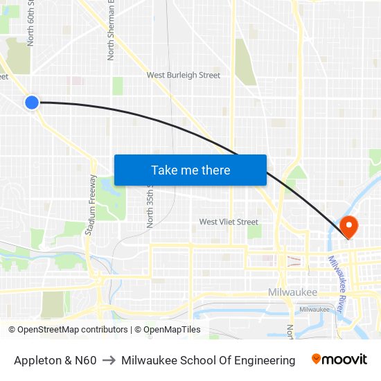 Appleton & N60 to Milwaukee School Of Engineering map
