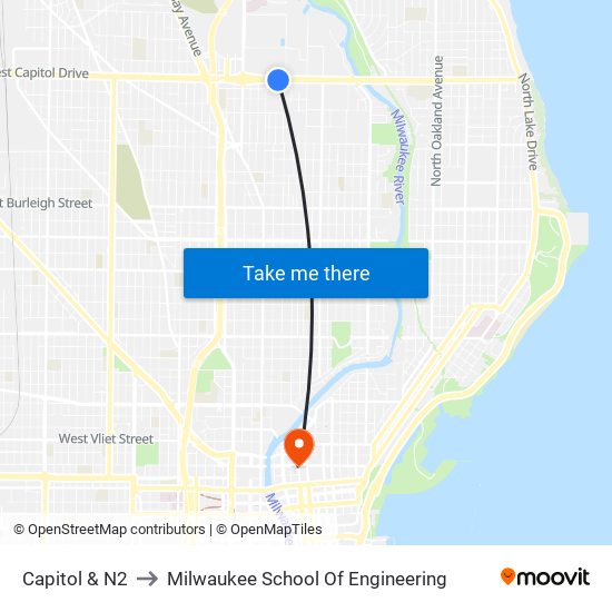 Capitol & N2 to Milwaukee School Of Engineering map