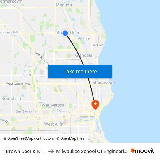Brown Deer & N55 to Milwaukee School Of Engineering map