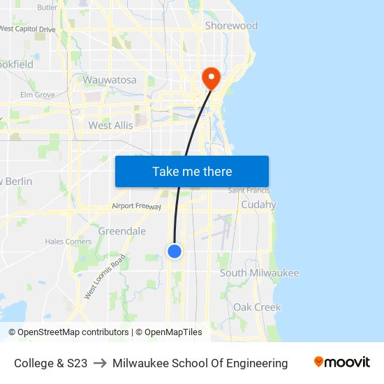 College & S23 to Milwaukee School Of Engineering map
