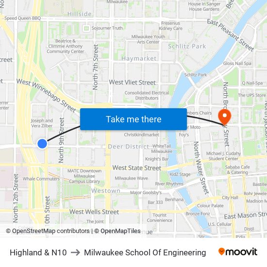 Highland & N10 to Milwaukee School Of Engineering map