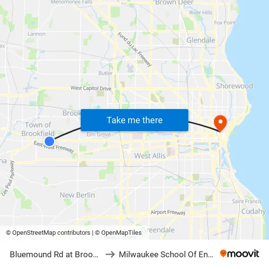 Bluemound Rd at Brookfield Rd. to Milwaukee School Of Engineering map