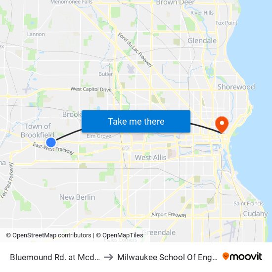 Bluemound Rd. at Mcdonald's to Milwaukee School Of Engineering map